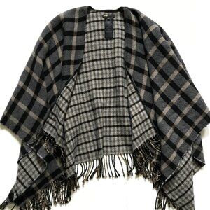 Maje Plaid Check Shawl Wrap Cape Womens OS Gray Black Tan Wool Blend Fringe MINT